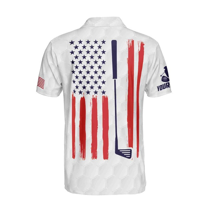 Custom Name U.S Flag Golf Polo Shirt for Men, Patriotic USA Golfer Polo, Personalized 4th of July Golf Shirt