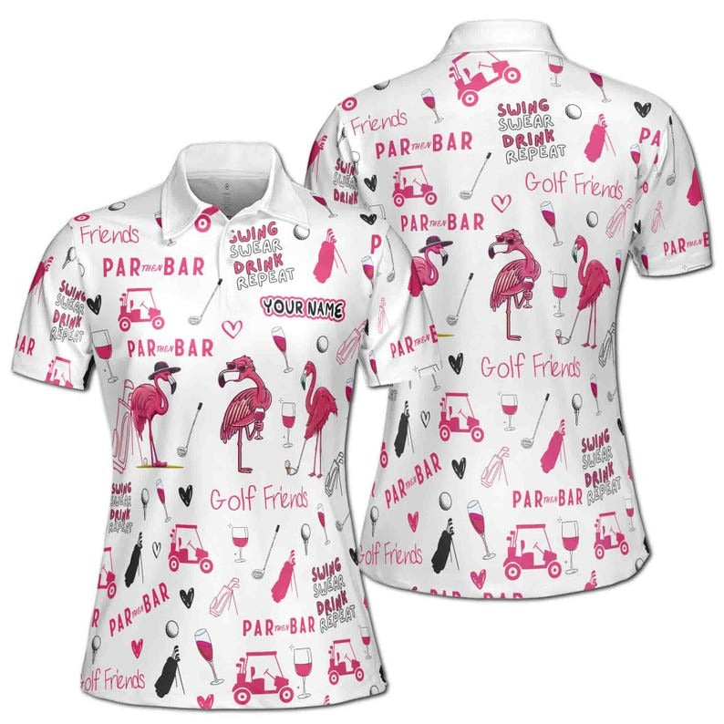 Funny Flamingo Golf Polo Shirt for Women, Custom Name Par Then Bar Golfer Gift