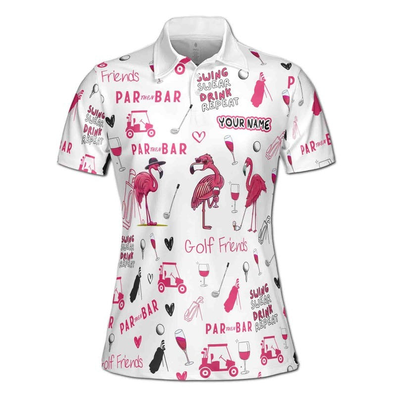 Funny Flamingo Golf Polo Shirt for Women, Custom Name Par Then Bar Golfer Gift