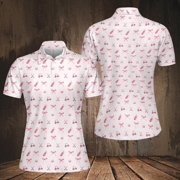 Pink Golf Polo Shirt for Women, Funny Golf Cart, Bow & Club Pattern, Sleeveless or Short Sleeve Golf Polo, Cute Golf Outfit & Gift for Golf Friends