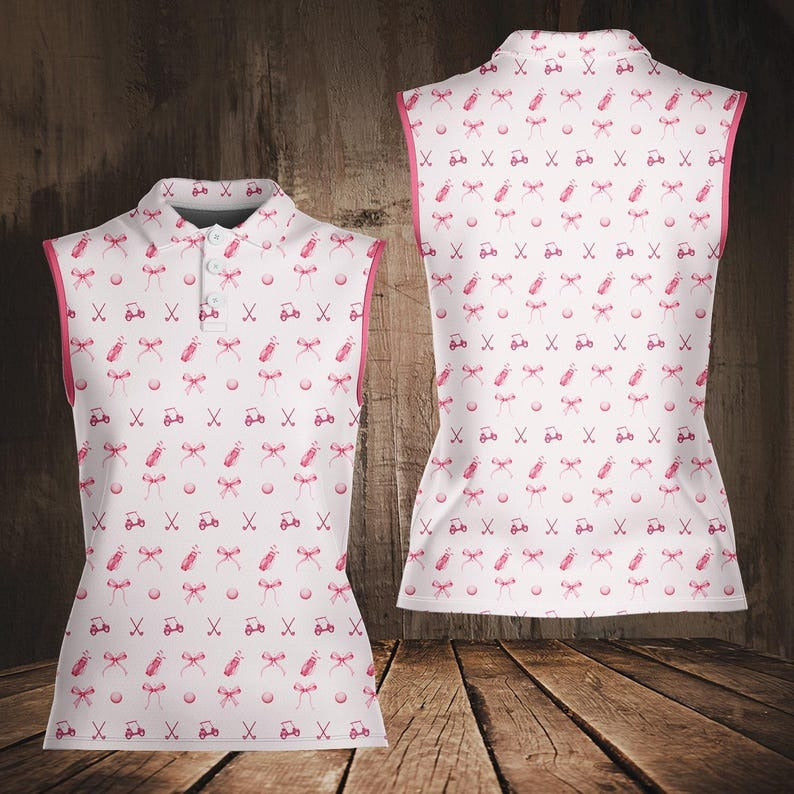 Pink Golf Polo Shirt for Women, Funny Golf Cart, Bow & Club Pattern, Sleeveless or Short Sleeve Golf Polo, Cute Golf Outfit & Gift for Golf Friends