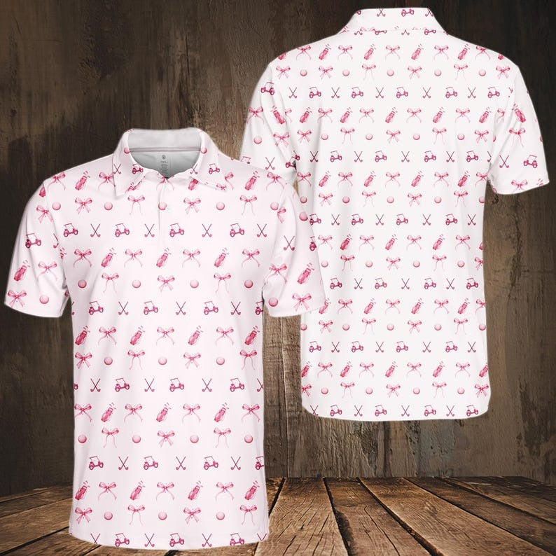 Pink Golf Polo Shirt for Women, Funny Golf Cart, Bow & Club Pattern, Sleeveless or Short Sleeve Golf Polo, Cute Golf Outfit & Gift for Golf Friends