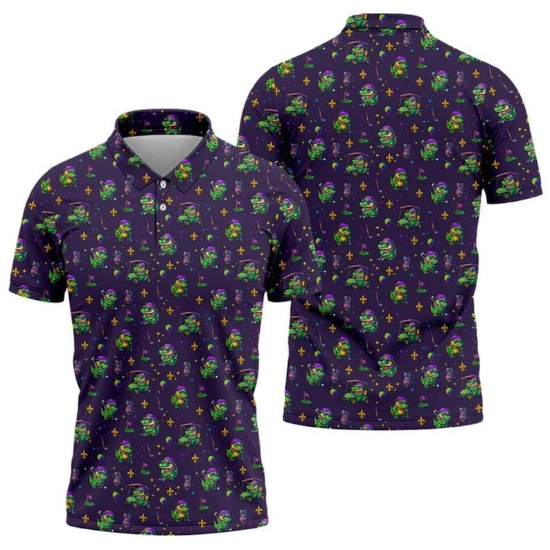 Funny Crocodile Mardi Gras Golf Polo, Purple Golf Shirt for Men, Golf Gift for Men