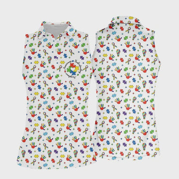Autism Awareness Sleeveless Polo Shirt for Women – Colorful Puzzle Pattern Golf Shirt, Lightweight Summer Athletic Top, Neurodiversity Support Apparel