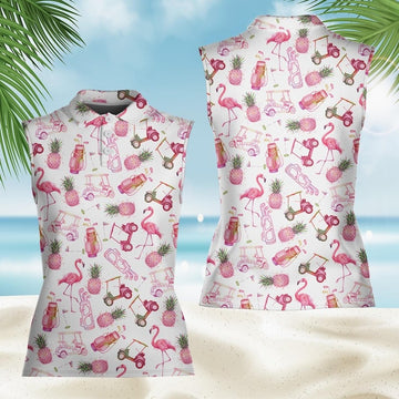 Flamingo Pineapple Aloha Golf Polo Shirt, Summer Tropical Vacation Button Down, Funny Golfer Gift