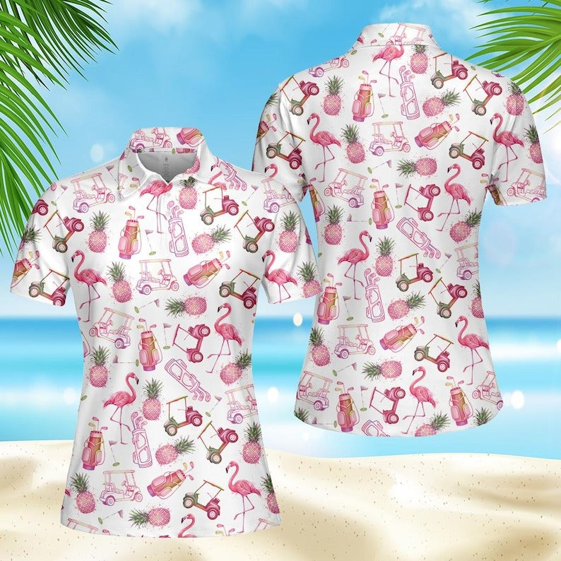 Flamingo Pineapple Aloha Golf Polo Shirt, Summer Tropical Vacation