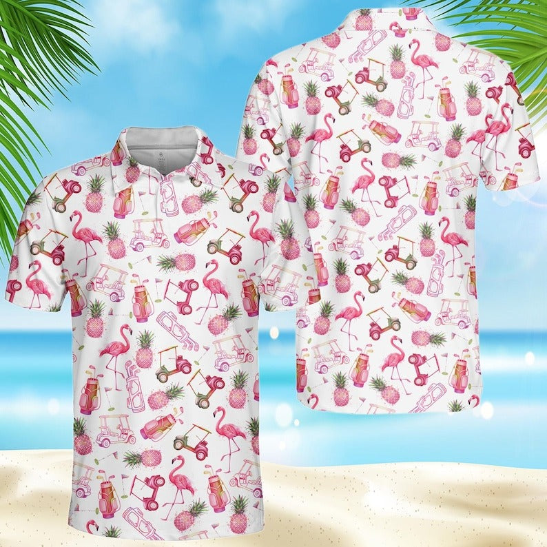 Flamingo Pineapple Aloha Golf Polo Shirt, Summer Tropical Vacation