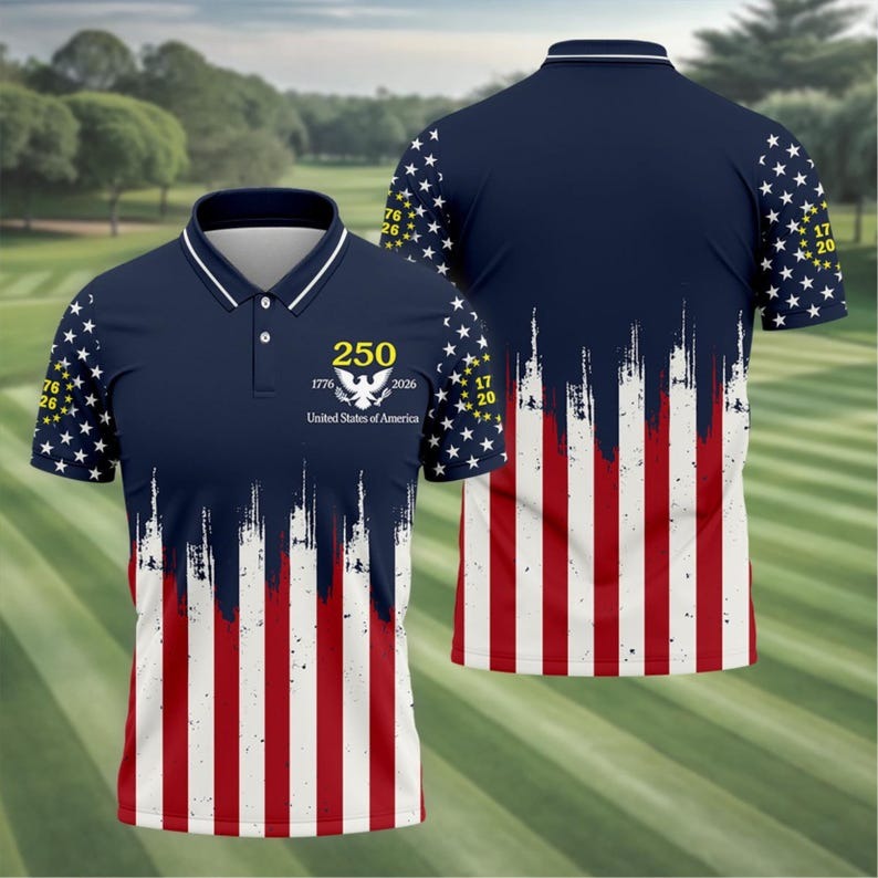 USA 250th Anniversary Polo Shirt 1776–2026, America 250 Patriotic Golf Polo, Red White Blue Flag Shirt for Men