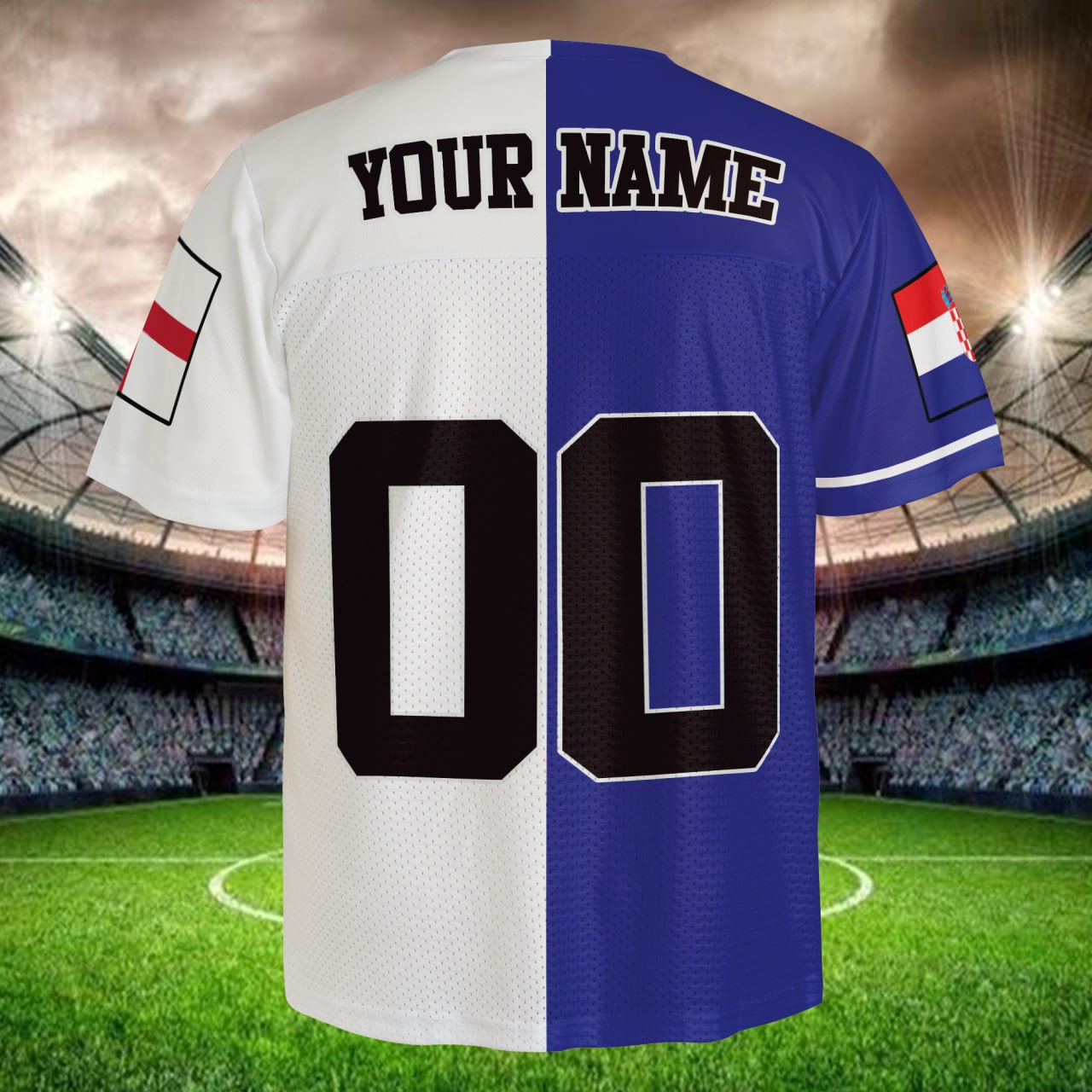 Global Football Split Jersey, White Blue Mesh Shirt, Personalized Name Number, Tournament Fan Edition