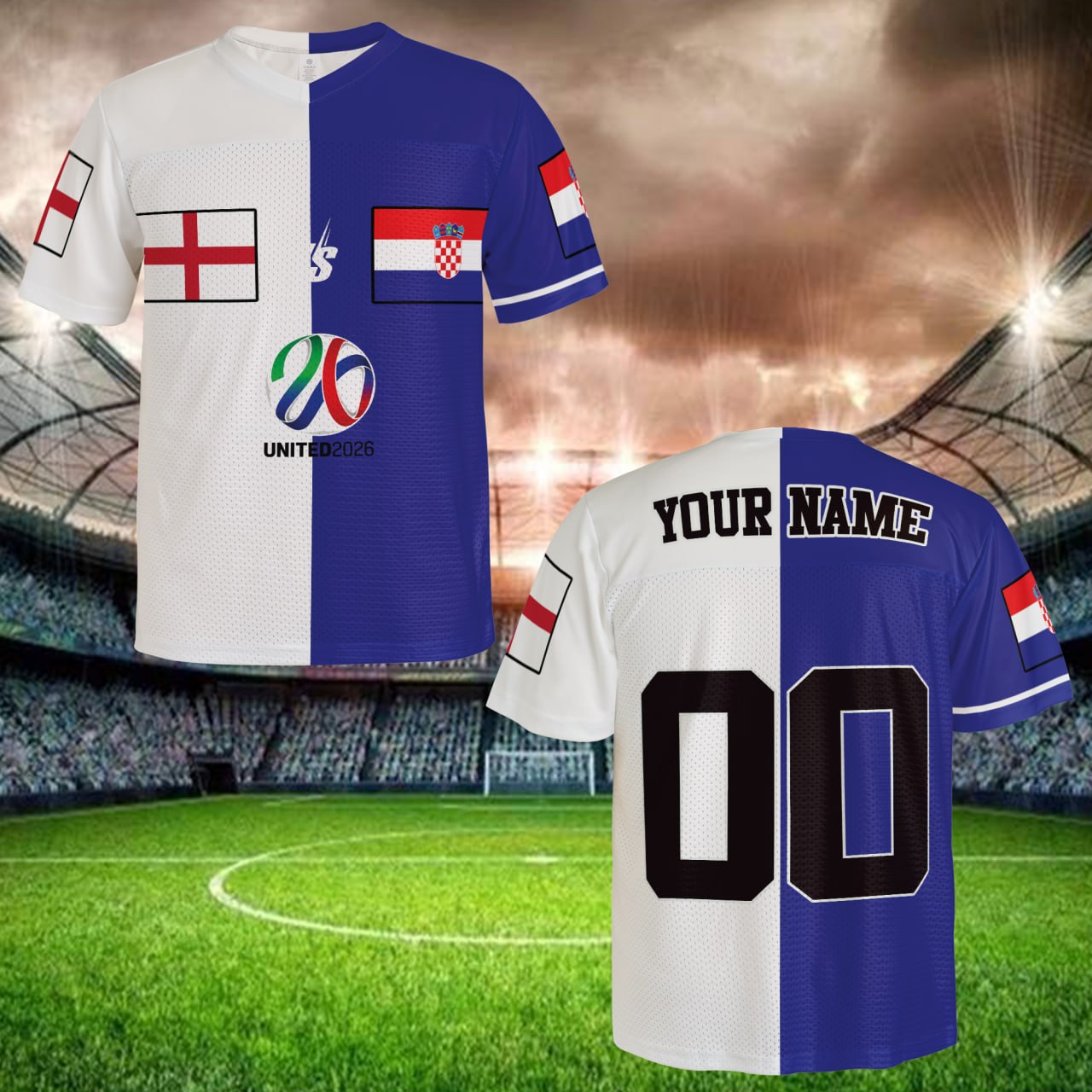 Global Football Split Jersey, White Blue Mesh Shirt, Personalized Name Number, Tournament Fan Edition