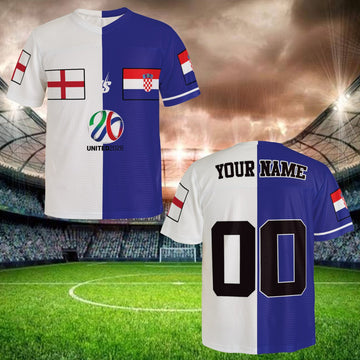 Global Football Split Jersey, White Blue Mesh Shirt, Personalized Name Number, Tournament Fan Edition