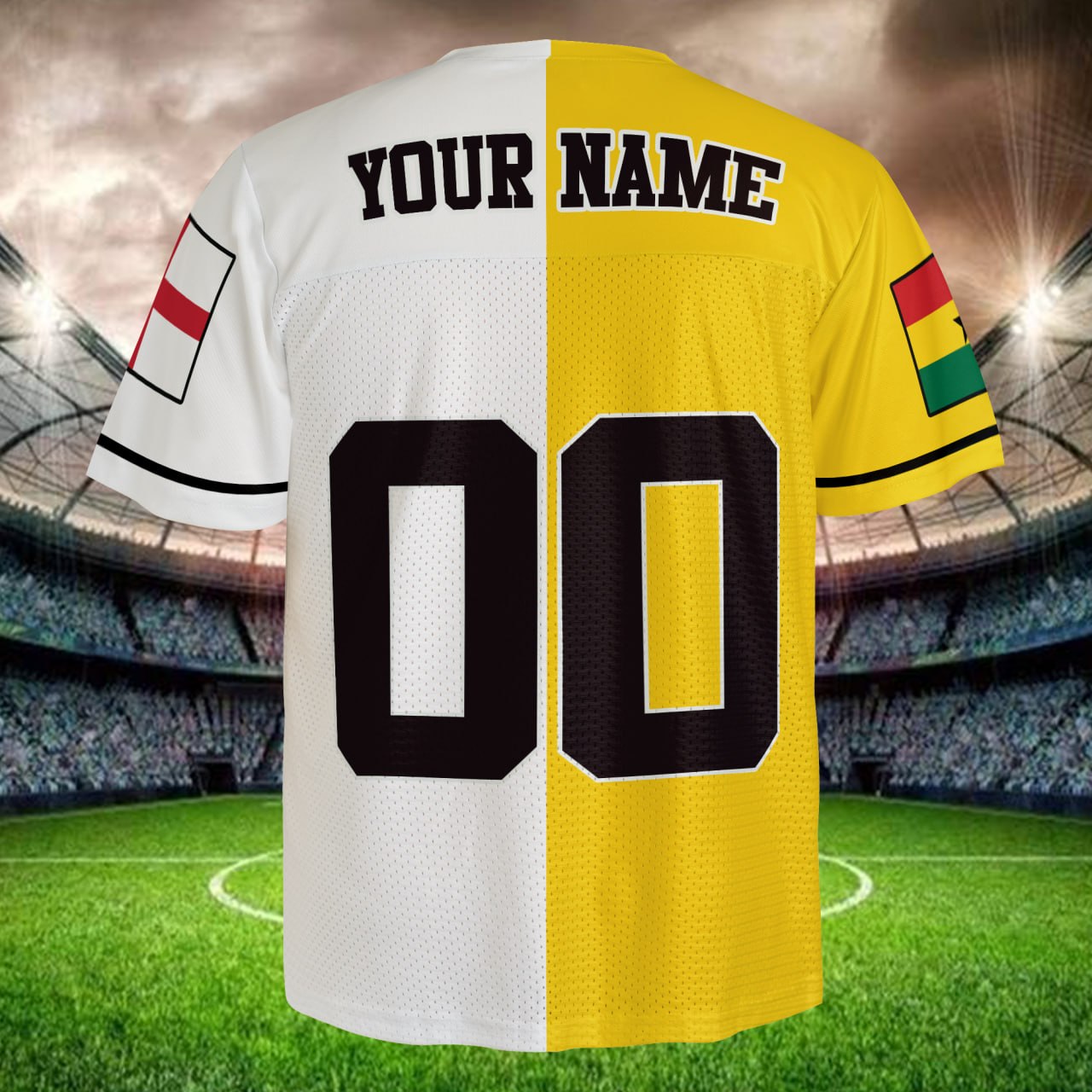 International Match Split Soccer Jersey, White Yellow Mesh Shirt, Personalized Name Number, Global Football Fan Apparel