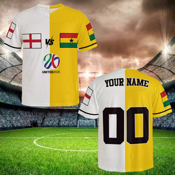 International Match Split Soccer Jersey, White Yellow Mesh Shirt, Personalized Name Number, Global Football Fan Apparel