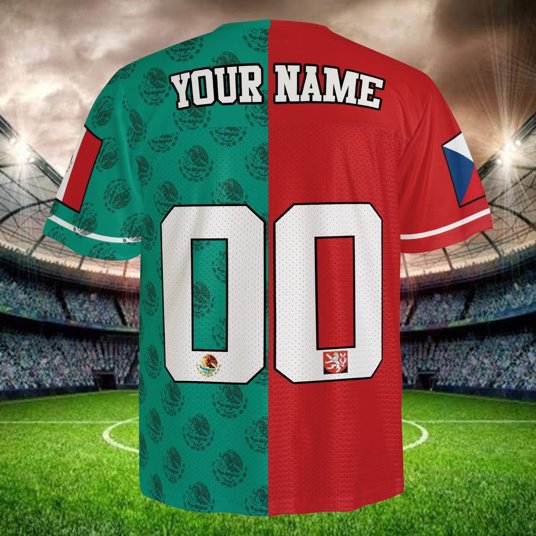 Half Green Half Red Soccer Jersey, Custom Name Number, Bold Fan Style Shirt
