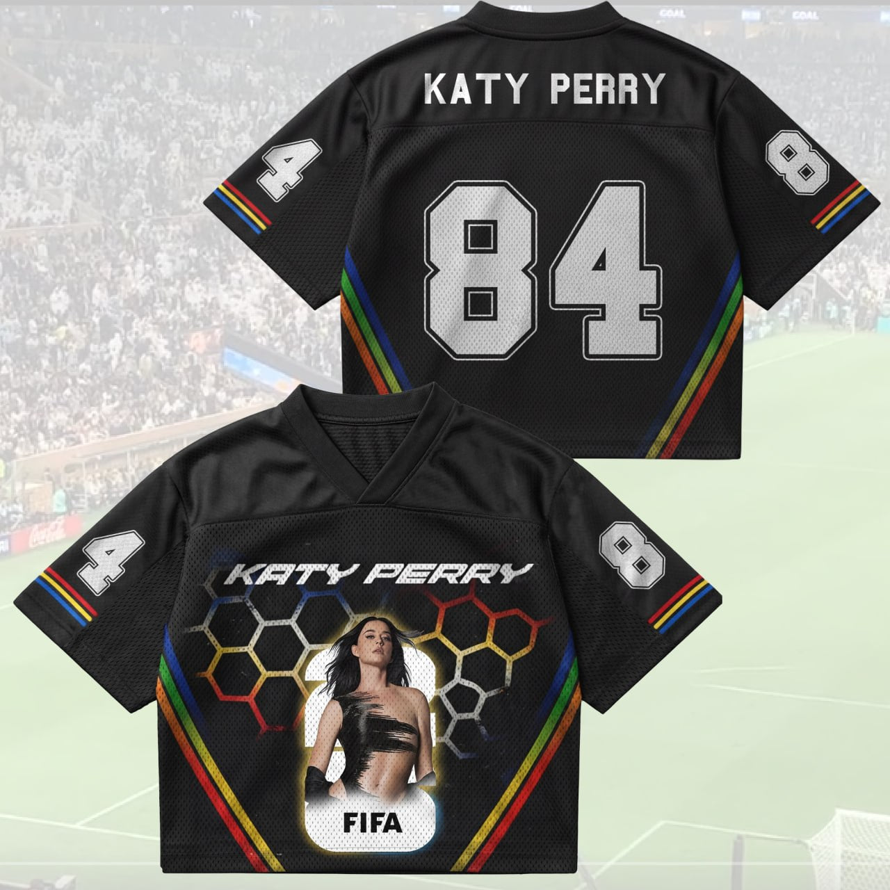 Pop Star Inspired 84 Black Mesh Football Jersey, Concert Fan Outfit, Retro Soccer Style Shirt