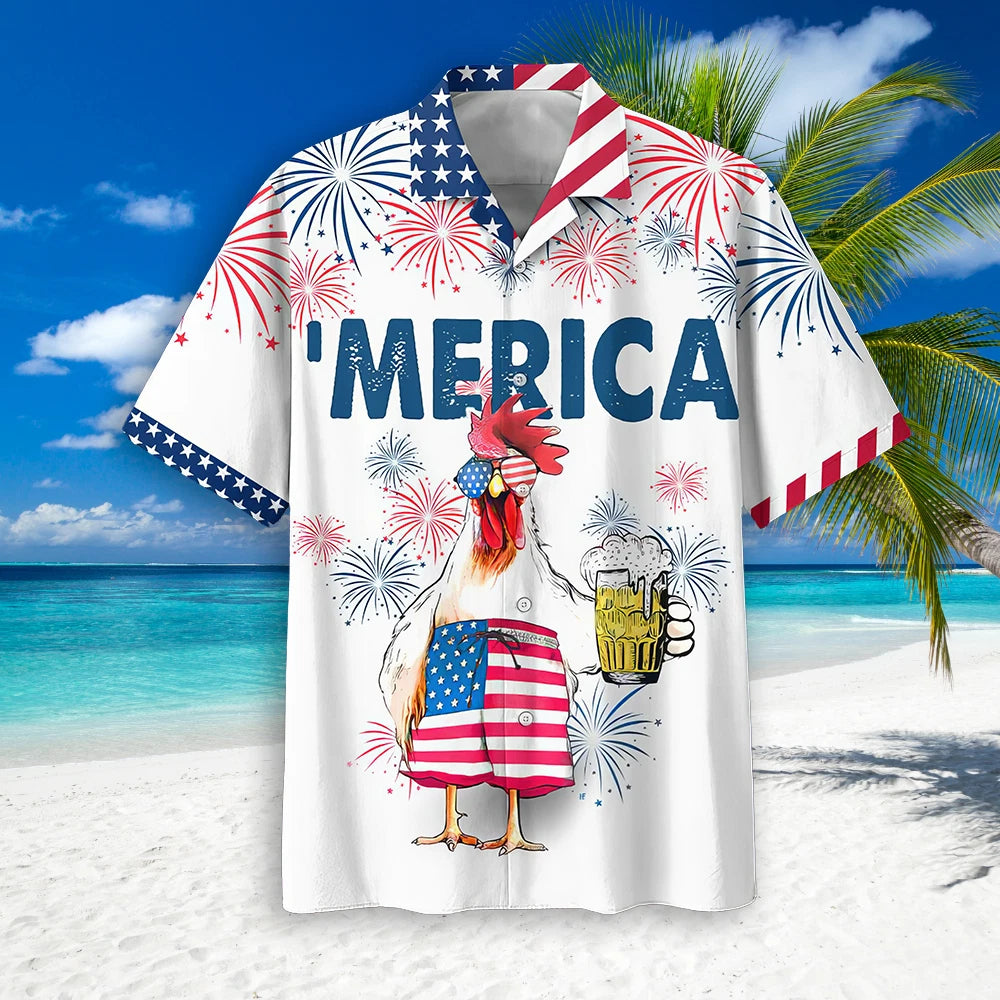 Chicken Drinking Beer Hawaiian Shirt, Funny 4th of July Patriotic Aloha Shirt