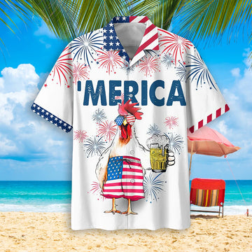 Chicken Drinking Beer Hawaiian Shirt, Funny 4th of July Patriotic Aloha Shirt