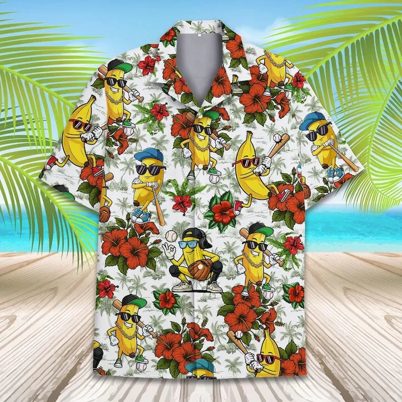 Banana Baseball Hawaiian Shirt for Men Women Youth, Funny Tropical Fruit Sports Shirt, Summer Beach Vacation Button Up, Aloha Short Sleeve Gift